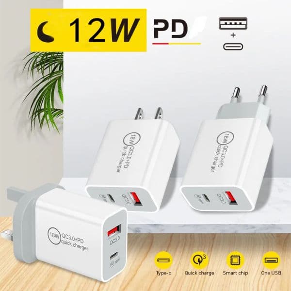 Fast Charger USB A C DUAL port 12W Quick Charging EU /US/UK/AU USB Type C wall Charger plug For PHONE 16 15 14 13 12 and galaxry s22 s23 s25