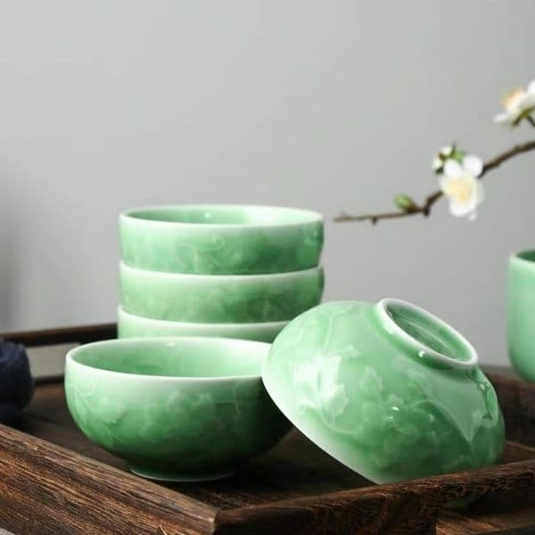 Celadon Bowls Single Household 4.5 Inch Chinese Rice Bowl Noodle Bowl Retro Embossed Craft Longquan Tableware Celadon Bowl