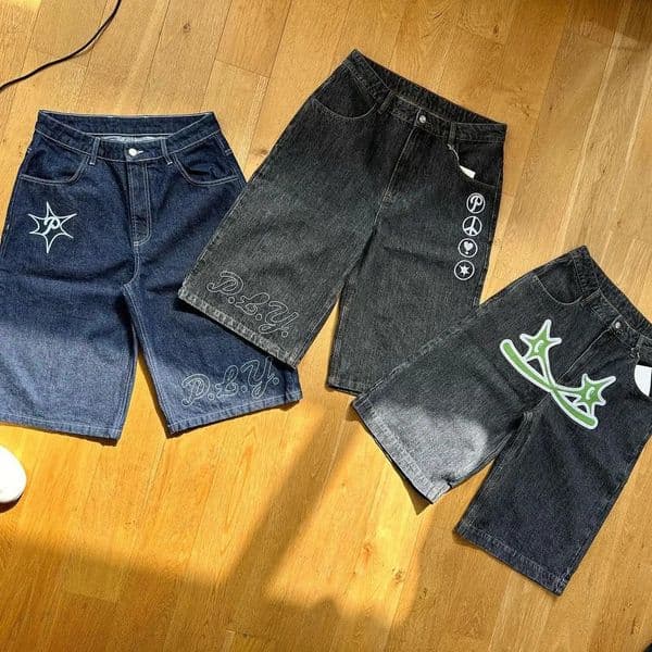 Summer Fashion Casual Y2k Hip Hop Denim Harajuku Punk Rock Gym Male Shorts Vintage Loose Knee Length Pants Beach 250306