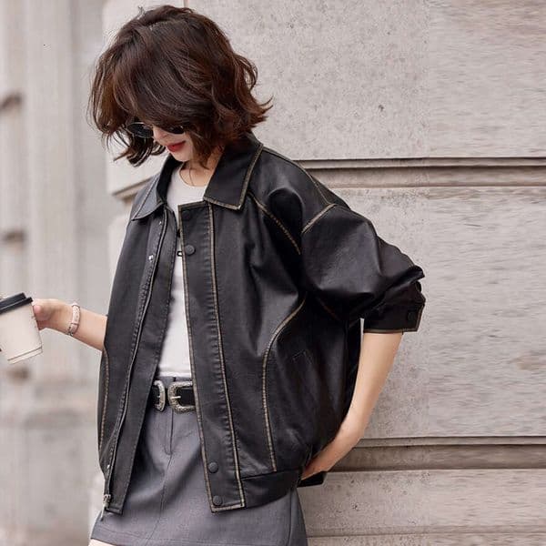 Brushing aging brown for women in Spring Autumn 2025 new American style sweet and cool motorcycle PU leather short jacket KLMY