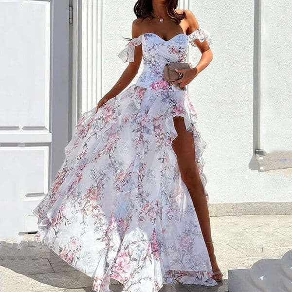 Summer New Trendy And Sexy Spicy Girl Off The Shoulder Strap Split Waist Dress KLMY