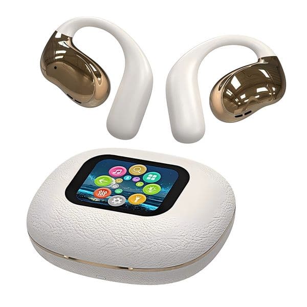 Yj33 Full Color Touch Screen OWS Bluetooth Earphone, Ear Hook Design, Digital Display, Leather Texture, Long Battery Life, Wireless Earbuds For Sports And Daily