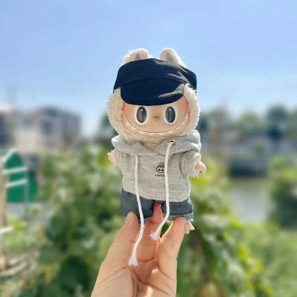 New 17cm Grey Hoodie Suit Casual Style Series Cute Mini Labubu Plush Dolls Jumpsuit Clothing Overalls No Doll Accessories Gifts X250311