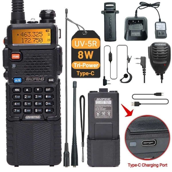 Baofeng UV-5R 8W 3800mAh Walkie Talkie Tri Power Type-C VHF UHF Dual Band Long Range For UV5R K5 Portable Ham CB Two Way Radio M250311