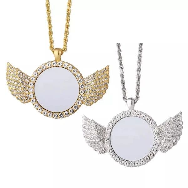 Wholesale Sublimation Angel Wing Necklace Custome With Chain Set Blank Rhinestone Necklace Bezel Pendant Tray LL