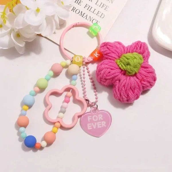 Cartoon wool knitted flower keychain bead bracelet keychain womens bag pendant charm keychain gift X250318