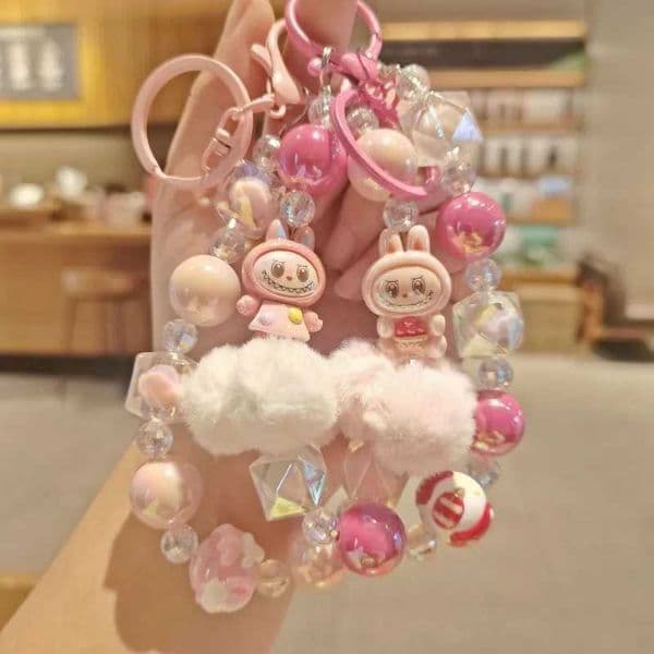 New Labubu Kawaii Anime Particle Keychain Bag with Phone Accessories Cute Cartoon Doll Pendant Gift X250318