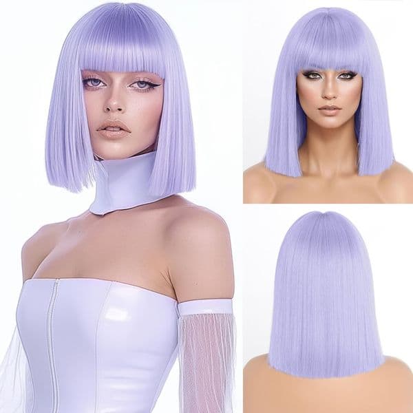 Short Purple Bob Wigs with Bangs,Short Straight Bob Purple Wigs for Women,Natural Looking Cosplay Daily Party Wig(12 inch)