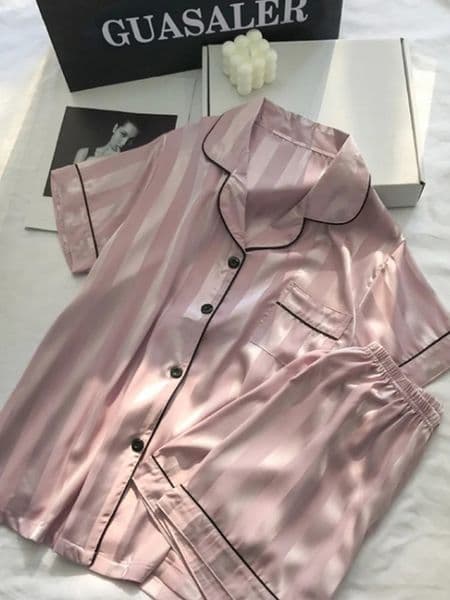 1 set of elegant womens lounge plus size satin striped button up long sleeved shirt and pants pajamas 250320