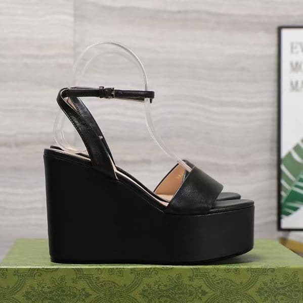 Women's wedge platform sandals pumps Genuine Leather ankle strap Metal buckle decoration exposed toe Flats jacquard weave pumps luxury designer thick soled shoes