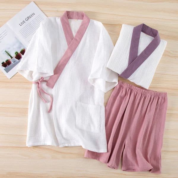 2026 Fdfklak Japanese Night Kimono Womens Pajama Solid Color Cotton Yarn Crepe Short Sleeve Family Set Free Shipping
