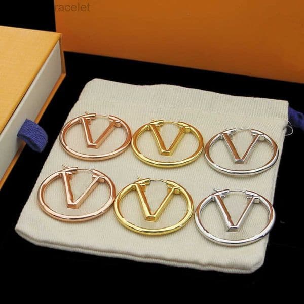 Fashion Europe Style America Lady Women Gold/Silver-Colour Hardware Engraved V Initials Hollow Out Hooped Earrings M64288