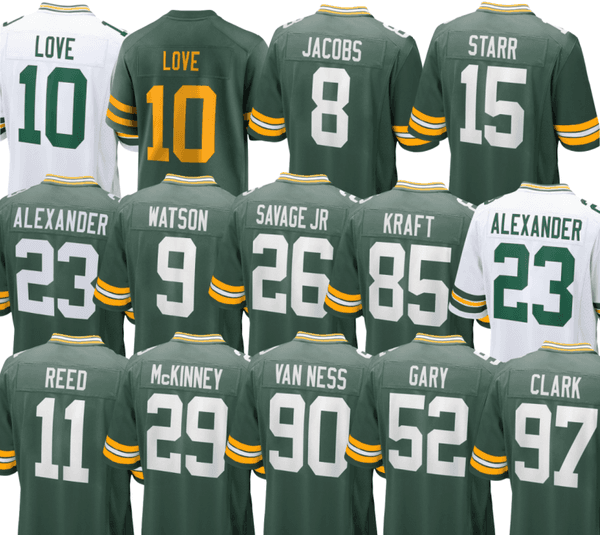 Bart Starr Brett Favre Reggie White 10 Jordan Love Josh Jacobs Jayden Reed Jaire Alexander Christian Watson Edgerrin Cooper Tucker Kraft Rashan Gary Football Jersey