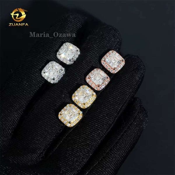 Ready To Ship Hip Hop Earring Sier Asscher Cut 1.5Ct Halo Men VVS Moissanite Earrings