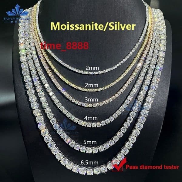 925 Silver Hip Hop Jewelry 2mm 3mm 4mm 5mm 6.5mm VVS Diamond Moissanite Necklace Moissanite Tennis Chain for Women Men