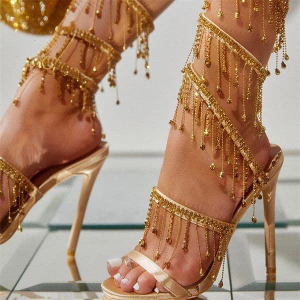 Liyke Elegant Women Wedding Banquet Shoes Fashion Crystal Tassel Twining Stiletto Sandals Sexy Open Toe Stripper Heels Golden 250325