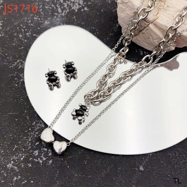 Fashion Women Men Silver Gold Stainless Steel Bear White Pearl Bead Cartoon Animal Span Chain Pendant Necklace Earrings Sets Jewelry