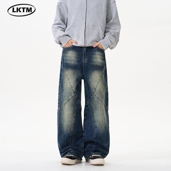 American High Street Washed Spliced Jeans, Men's and Women's Design Trendy Brand Wide Leg Straight Tube Long Pants