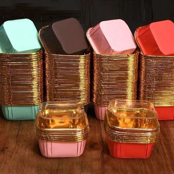 50Pcs Square With Lids, Pudding Cup Bake-Resistant Cup, Disposable Foil Cupcake Cups Muffin Tins For Wedding Baking