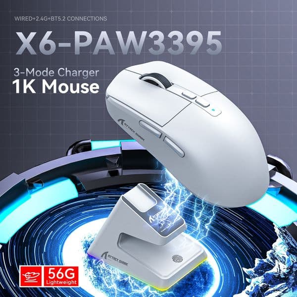 Attack Shark X6 Mouse Lightweight PAW3395 E-sports Game Three-Mode Wireless Bluetooth Mouse Charging RGB Dock