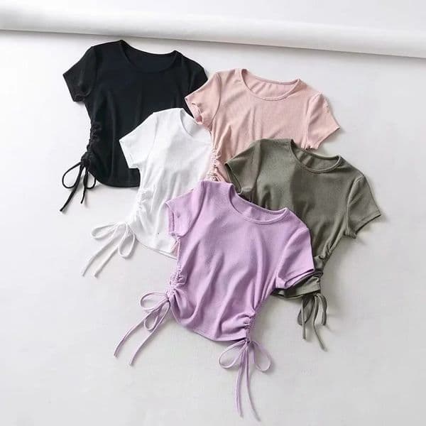 Sexy Side Drawstring Tie Up Ruched Tank Top Solid Color Slim Crop Ladies Streetwear Ribbed Knitted Tees 2023 250506BANJIA