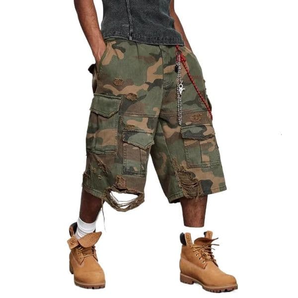 Mens High Street Ripped Hip Hop Cargo Shorts Multi Pockets Streetwear Camouflage Destroyed Short Pants Loose Fit With Hole 250513BJ