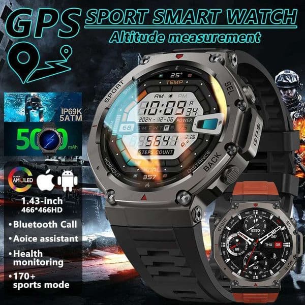 T-Rex 3 Built-in Dual-band GPS Smart Watch Men Smartwatch Compass Altimeter Barometric 5ATM IP69K Waterproof AMOLED HD Watches