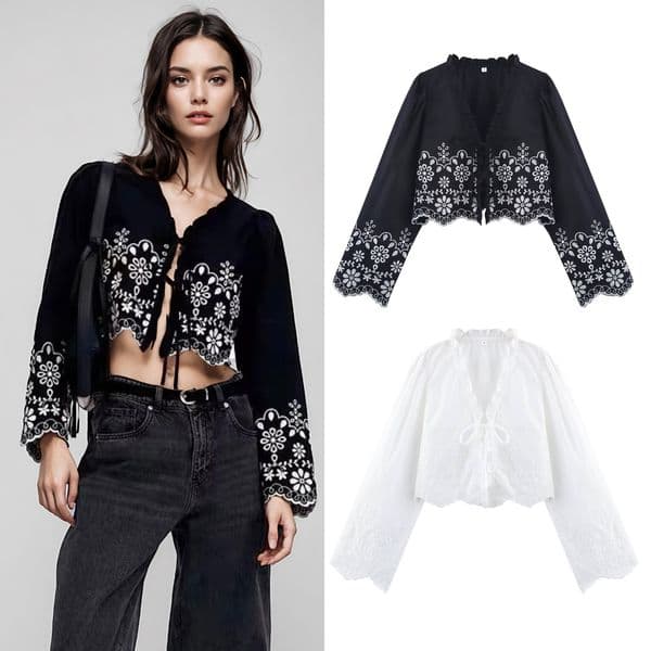 Womens clothing 2025 Spring and Autumn style floral border collar embroidered long sleeved lace up shirt top for women B88840