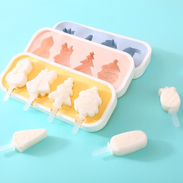DIY color washed with lid stick, food grade cartoon silicone 4-pack ice cream and popsicle mold set