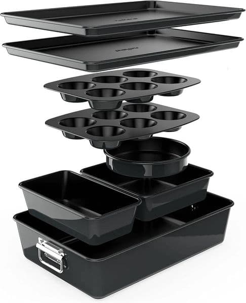 8-Piece Stackable Nonstick Bakeware Premium Steel Baking Tray Set - Includes Round Cake Pan, 6-Cup Muffin Pans,
