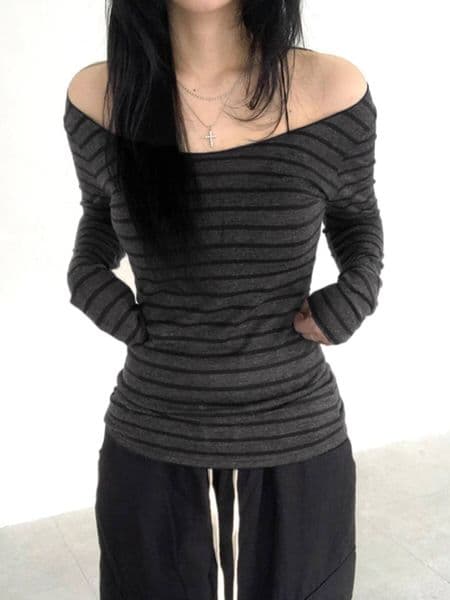 Sweetown Basic Slim Long Sleeve Stripe Tee Off Shoulder O Neck Korean Street Style Spring Autumn Y2K Gray T Shirt Women