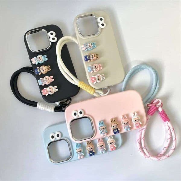 Cell Phone Accessories Labubu 3D Cartoon Phone Case For iPhone 16 promax 15 14 Plus 13 12 11 Pro Max Mini With Wrist Strap Cute Eyes Soft Cover Luxury
