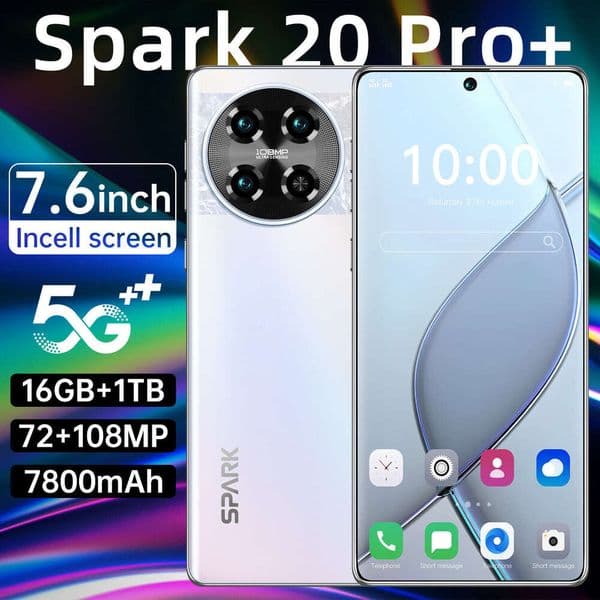 Spark 20 Pro 16G+1TB smart phone, dual SIM 5G Android phone, display, 13MP+50MP camera, fingerprint and facial recognition, comes with headphones + phone case