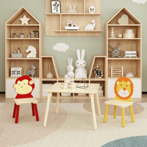 Wholesale Kids Table and 2 Chairs Set 3 Pieces Toddler Table and Chair Wooden Activity Play Table Set Lion Monkey