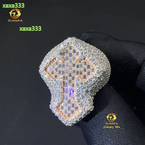 New Arrivals Bulk Stock Two Tone Color GRA Certificates Plated 925 Silver Hip Hop VVS1 Moissanite Diamond Cross Ring