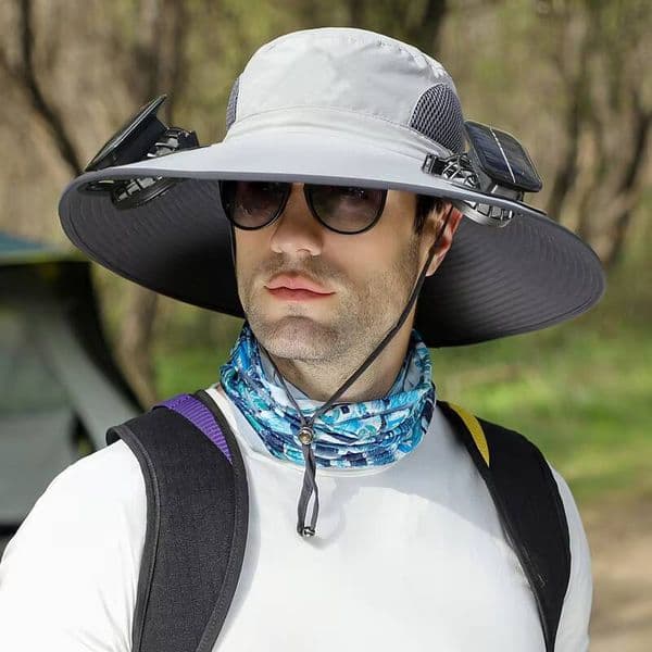 Summer Outdoor Men's Wide Brim Hiking Fishing Bucket USB Charging Solar Fan Cooler Hat