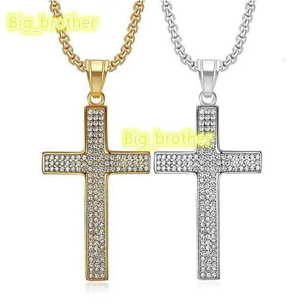 Hip Hop Cross Iced Out Moissanite Religious Christian Stainless Steel Fashion Jewelry Pendant Necklaces 18K Gold Plated Women
