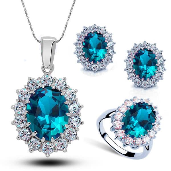 European and American Jewelry Sapphire Jewelry Necklace Earrings Ring Zircon Women's Set