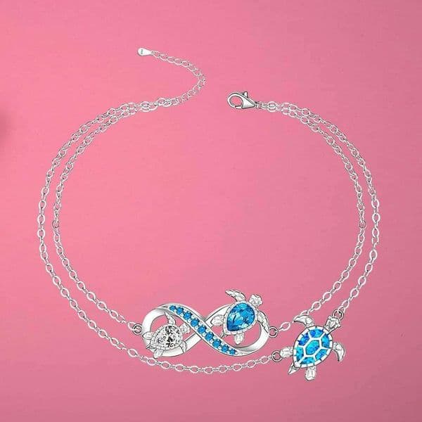 Anklet Blue Opal Sea Turtle Ankle Bracelets for Women Sterling Silver Infinity Wave Ocean Beach Summer Foot Bracelet Jewelry Layered Adjustable