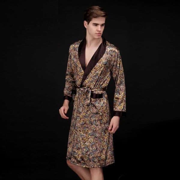 Coffee And Navy Blue Men Silk Robes 2016 Male Senior Satin Sleepwear Summer Long Paisley Pattern Robe Set Long Sleeves Nightgown C251202