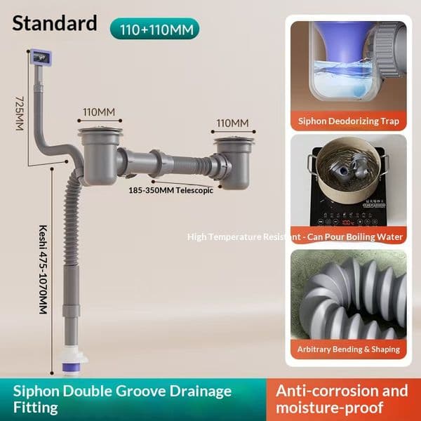 Kitchen Space-Saving Anti-Backflow Odor Drain Single/Double Vegetable Washing Basin Sink Accessories Drainage Pipe