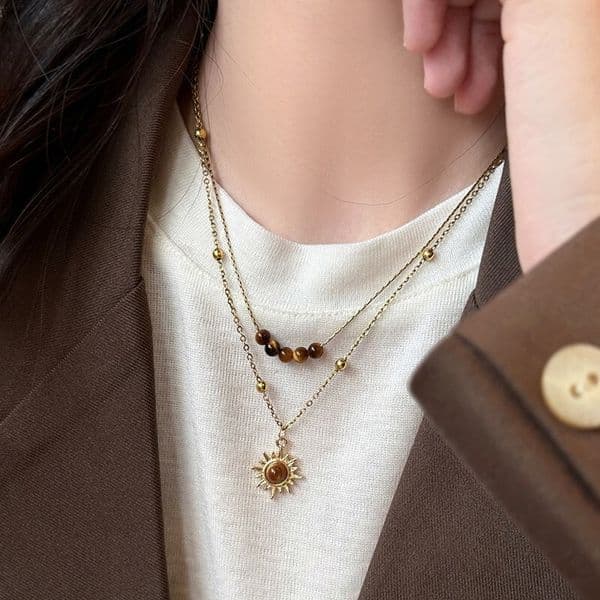 Vintage Gold Sunflower Tiger Eye Stone Necklace for Women, Unique Design Layered Sweater Chain, Autumn Winter Collarbone Chain Accessory ddmynov