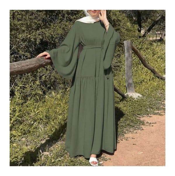 (1488) New Solid Color Loose Pullover Belt with Wide Cuffs Dress