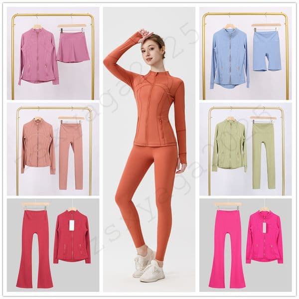 Women's Workout Sets Flare Leggings Jacket Yoga 2 Piece Set High Waist Tummy Control Gold Zipper Lounge Activewear Trendy Matching Gym Clothing Women Short Skirt