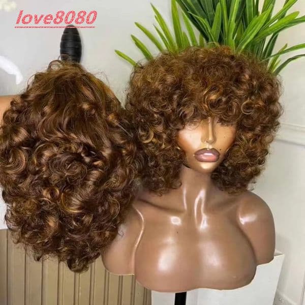 SDD Super Double Drawn Fringe Wig 14 200 Density 30 Color Short Omotola Curls Bouncy 100 Raw Human Hair Wigs with Bang