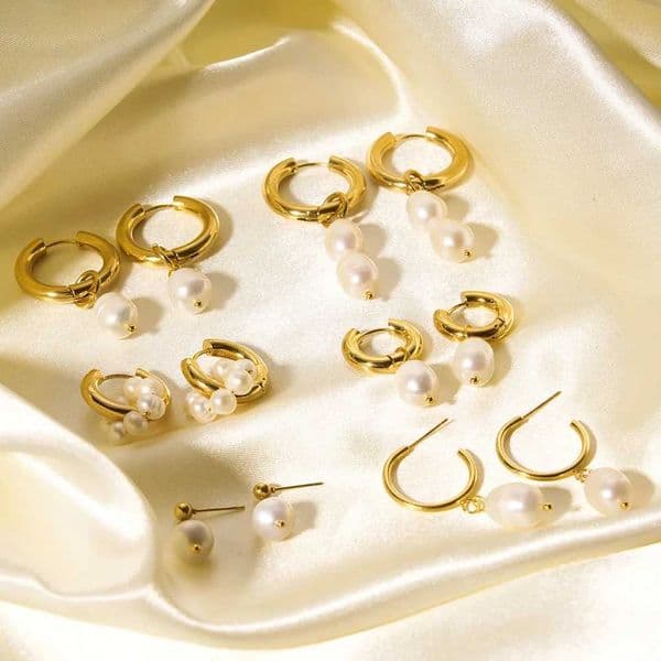 Pearl Drop Earrings For Women Gold Color Stainless Steel Freshwater Pearl Hoop Ear Accessory J251208