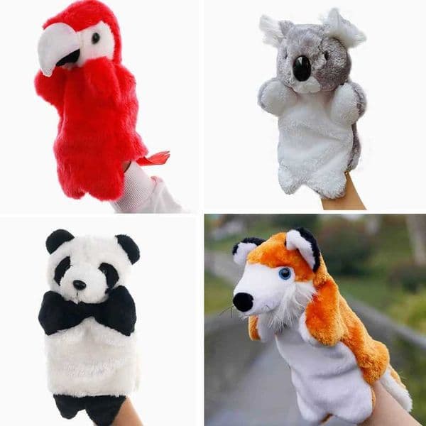 25cm Kawaii Animal Panda Parrot Fox Koala Stuffed Plush Hand Puppets Educational Toys For Family Playgame Time Doll Y251208