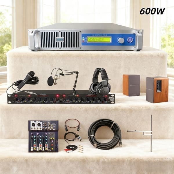 Full-Package Broadcast 600W FM Transmitter (Antenna+Cable+Headphones), Excellent Stability, CD Sound, 110-220V, for Church/Community/Emergency Command, Knob Control