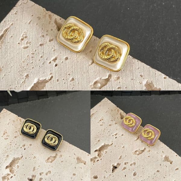 1.4X1.4CM Designer Letter Ear Stud Brass Copper 925 Silver Geometric Famous Women's Round Crystal Rhinestone Pearl Stamps Earrings Wedding Party Jewerlry