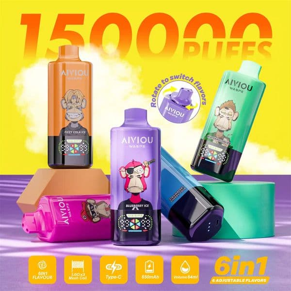 Puff Waspe Aiviou 150K 150000 Puffs 6 in 1 Eu Warehouse 6in1 flavors 2% Nicotine Disposable Rechargeable Vape With LED Display Germany Einweg Jnr bang Electronique Vap